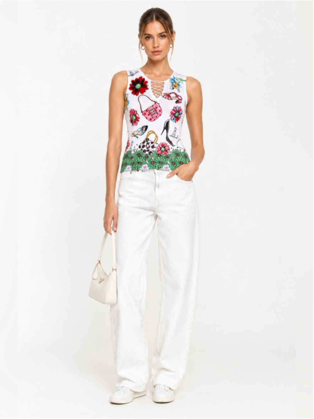 CARTISE Embellished Novelty Print Sleeveless Top Size Small